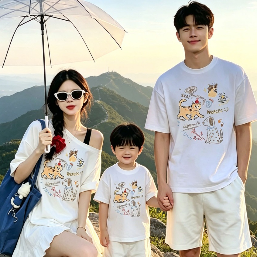 COD- ชุดครอบครัว 3-4 คน เสื้อยืดแขนสั้น ฤดูร้อน 2026 รุ่นใหม่ ทรงตรงไหล่ รัดรูป แม่และลูกสาว ลูกชาย คอตตอน ใส่สบาย ถ่ายร