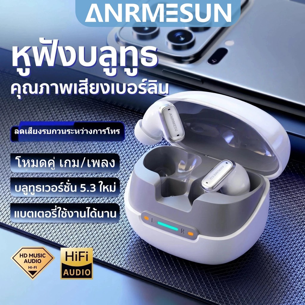 ANRMESUNหูฟังบลูทูธไร้สาย, ระบบเสียง 5.3 HiFi HD, กันน้ำ, ระบบตัดเสียงรบกวน, หูฟังบลูทูธพร้อมไมโครโฟนในตัว สมาร์ททัช