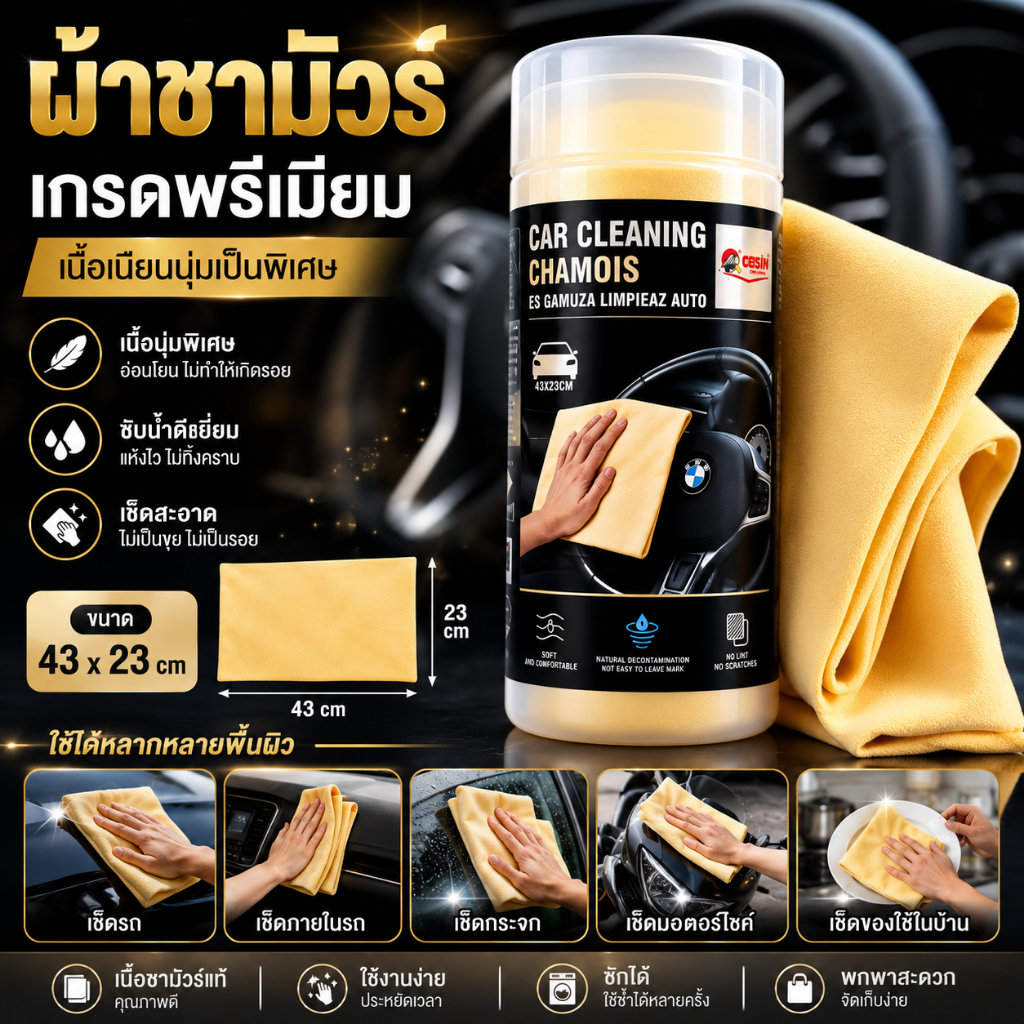 GETSUN ผ้าชามัวร์ เกรดพรีเมี่ยม ชามัวร์แท้คุณภาพดี: มั่นใจในความนุ่มและความละเอียดของเส้นใยถนอมผิวรถของคุณ
