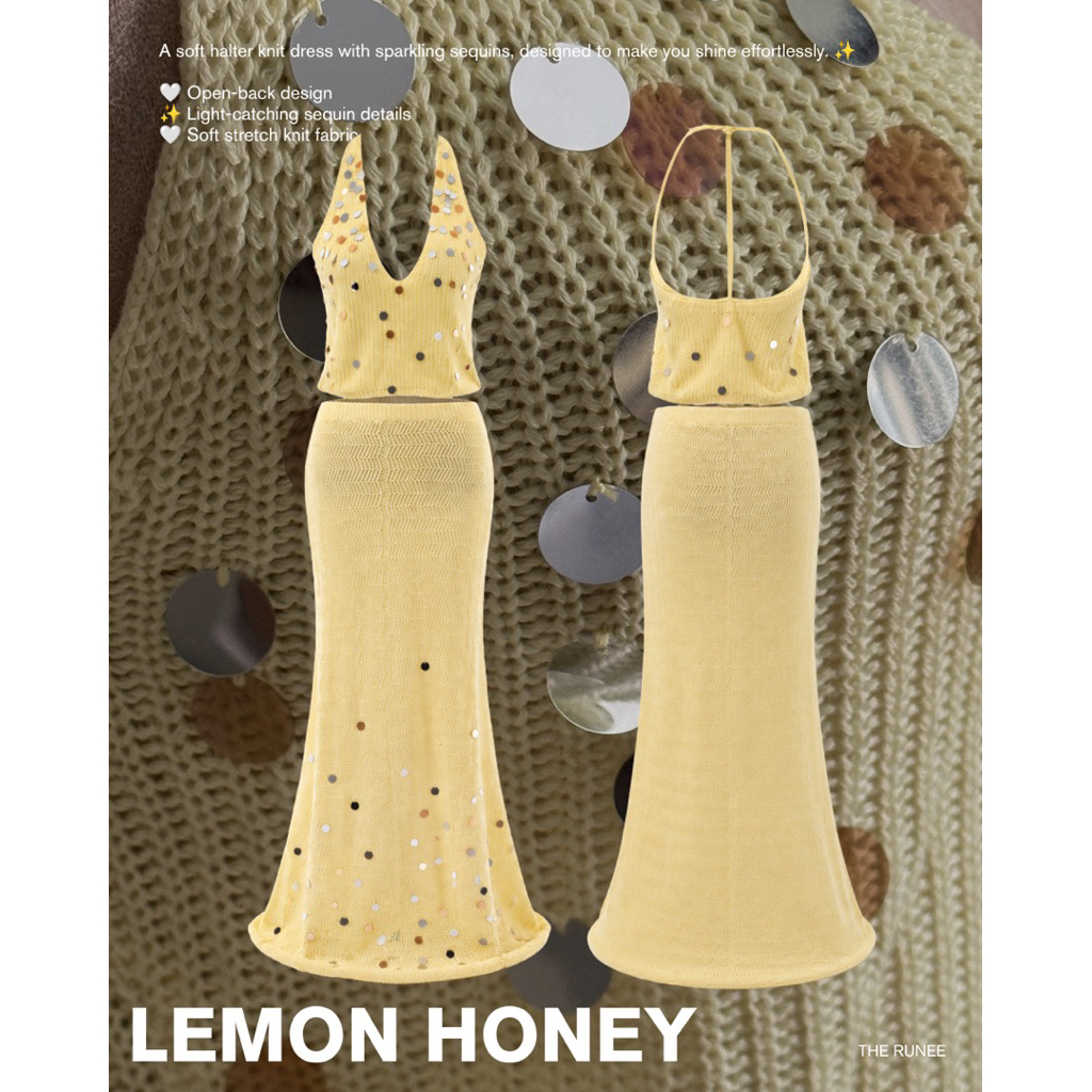 🍋 Lemon Honey ชุดเช็ตเสื้อเปิดหลังและกระโปรงยาวแตะพื้น ตกแต่งด้วยเลื่อม