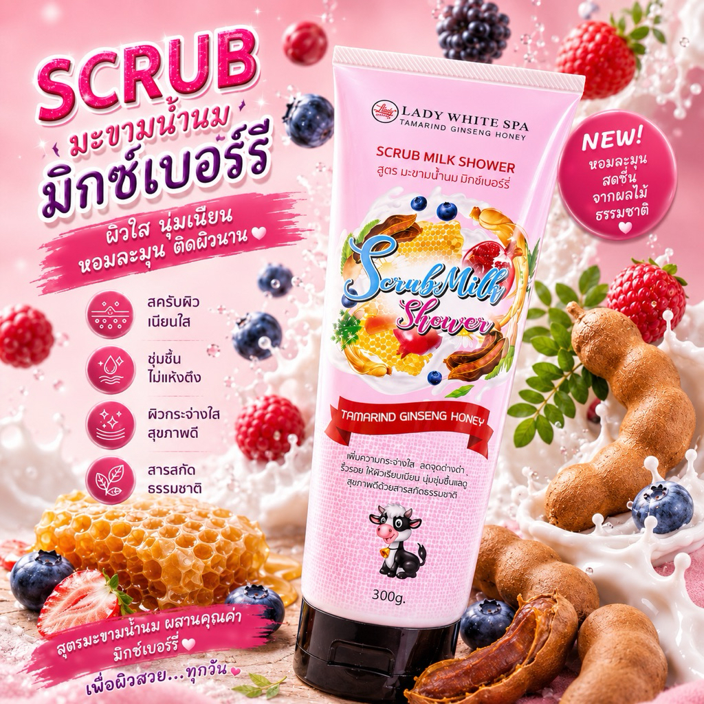 สครับ น้ำนม มิ๊กเบอรี่ ครีมขัดผิว SCRUB Milk Shower 300g ใช้แทนครีมอาบน้ำ