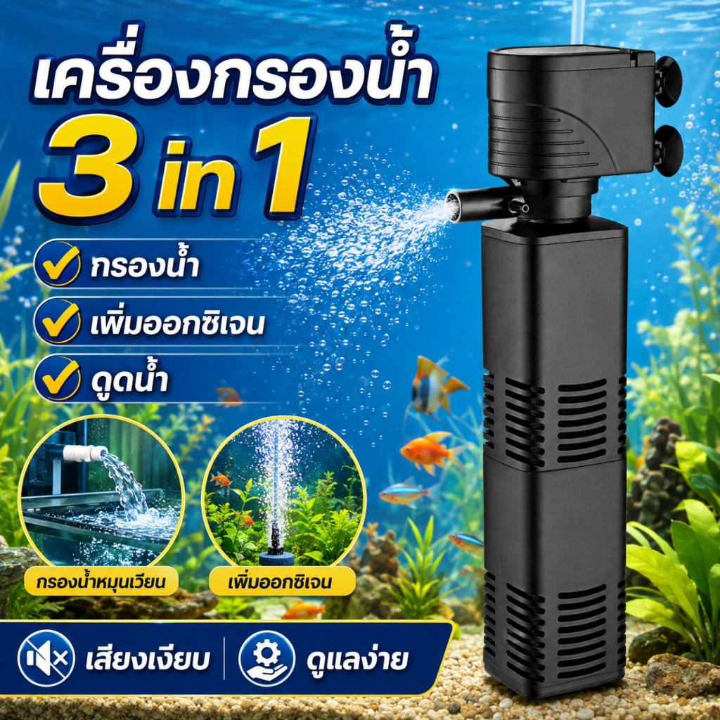เครื่องกรองน้ำตู้ปลา 3in1 ปั๊มน้ำในตัว กรองน้ำ เพิ่มออกซิเจน สร้างกระแสน้ำ น้ำใส ใช้งานง่าย สำหรับตู้ปลา
