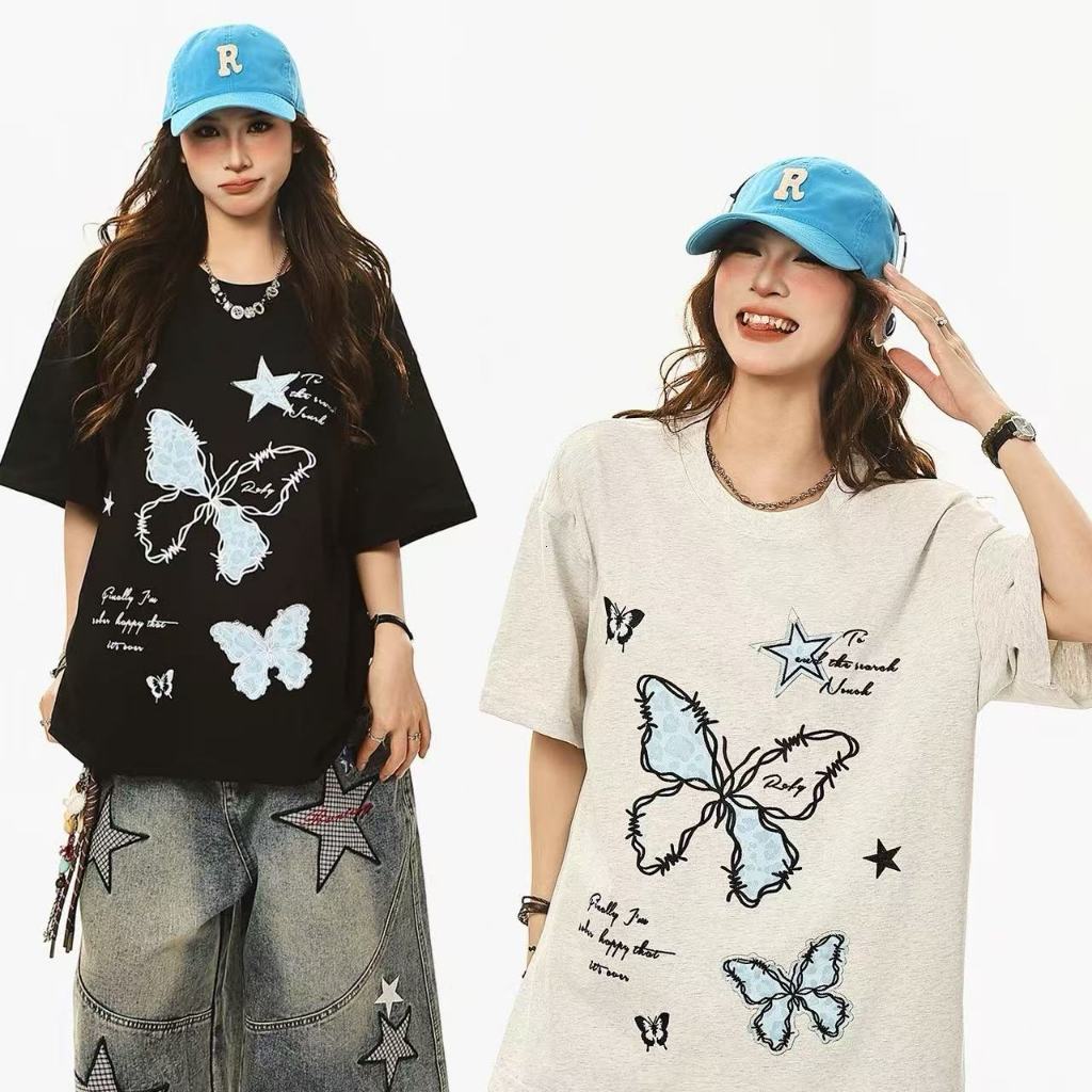 เสื้อยืดแขนสั้นปักลายผีเสื้อสไตล์อเมริกันวินเทจ รุ่นใหม่ฤดูร้อนผู้หญิง ทรงหลวมสไตล์ผ่อนคลาย แคชชวลแต่งตัวง่าย