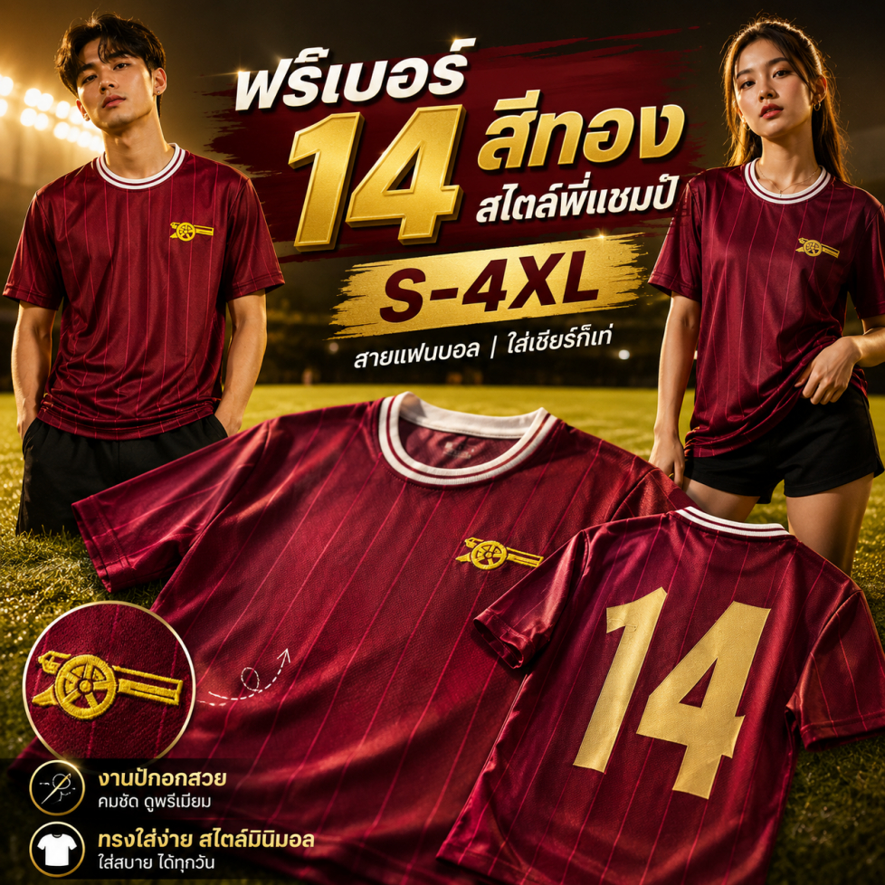 ฟรีสกรีนเบอร์14 ทุกตัว !! เสื้อกีฬาวินเทจ คลาสสิก เด็กปืน แชมป์น่อล แฟนคลับ ใส่สบาย ระบายอากาศได้ดี