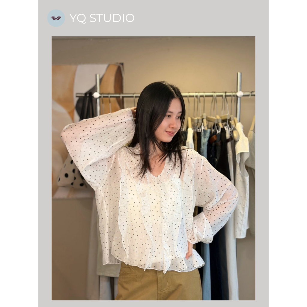 C86 YQ Korean Shop เสื้อแยนยาวชายระบายจุดดำ (Premium) ป้ายYQ