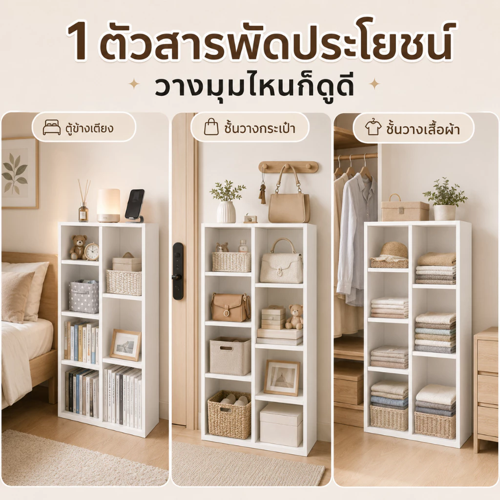 CC ตู้หนังสือ ชั้นวางหนังสือ ตู้เก็บของในบ้าน ใช้เป็นผนังโชว์เก็บของได้ สะดวกต่อการหยิบของขณะนั่ง ดีไซน์เตี้ยและเปิดโล่ง thumbnail 7