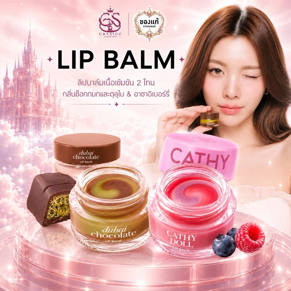 Cathy Doll Lip Balm ลิปบาล์มเข้มข้น บำรุงปากอวบอิ่ม ชุ่มชื่น กลิ่นช็อกดูไบ&กลิ่นอาซาอิเบอร์รี่ 12g