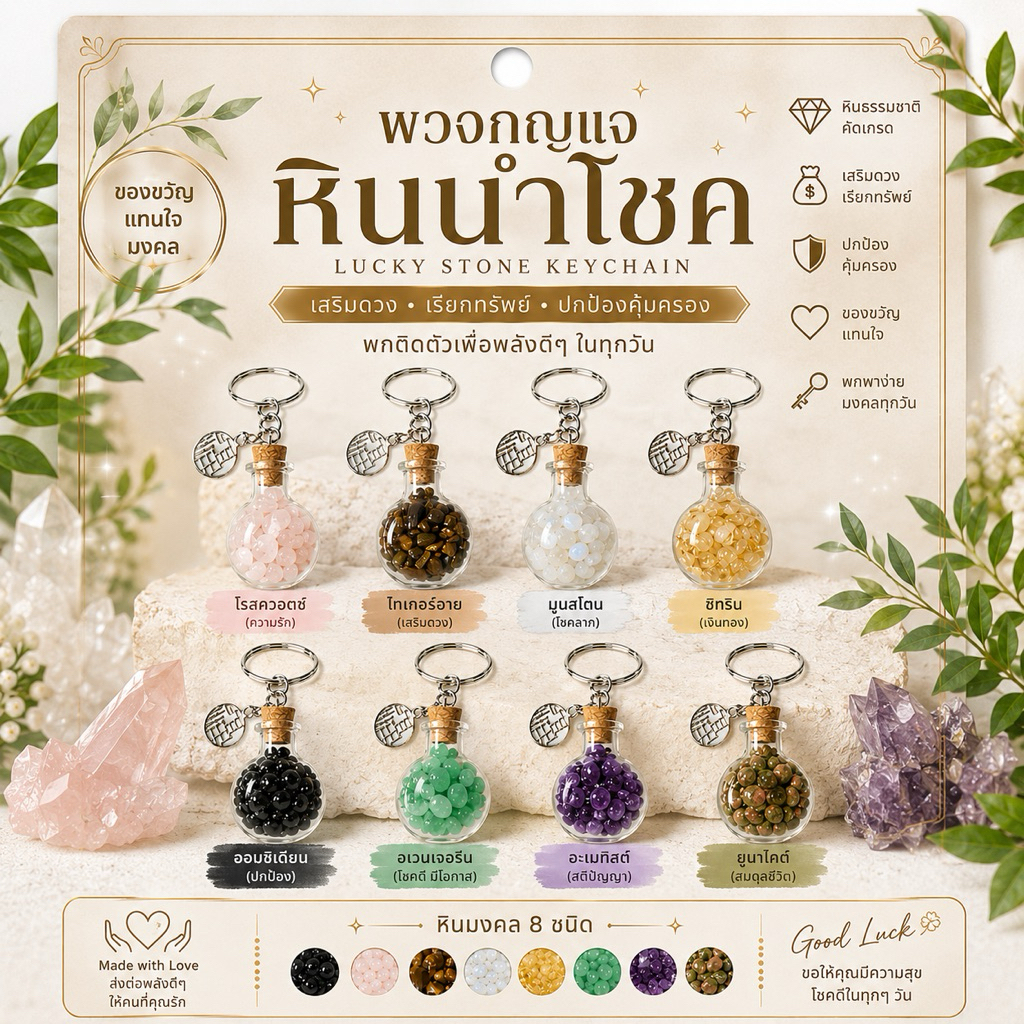 พวงกุญแจหินนำโชคแท้ 8 ชนิด หินมงคล สายมู  ✨ จี้เงิน Fu (福) เสริมดวงรอบด้าน โชคลาภ การเงิน พกติดตัว