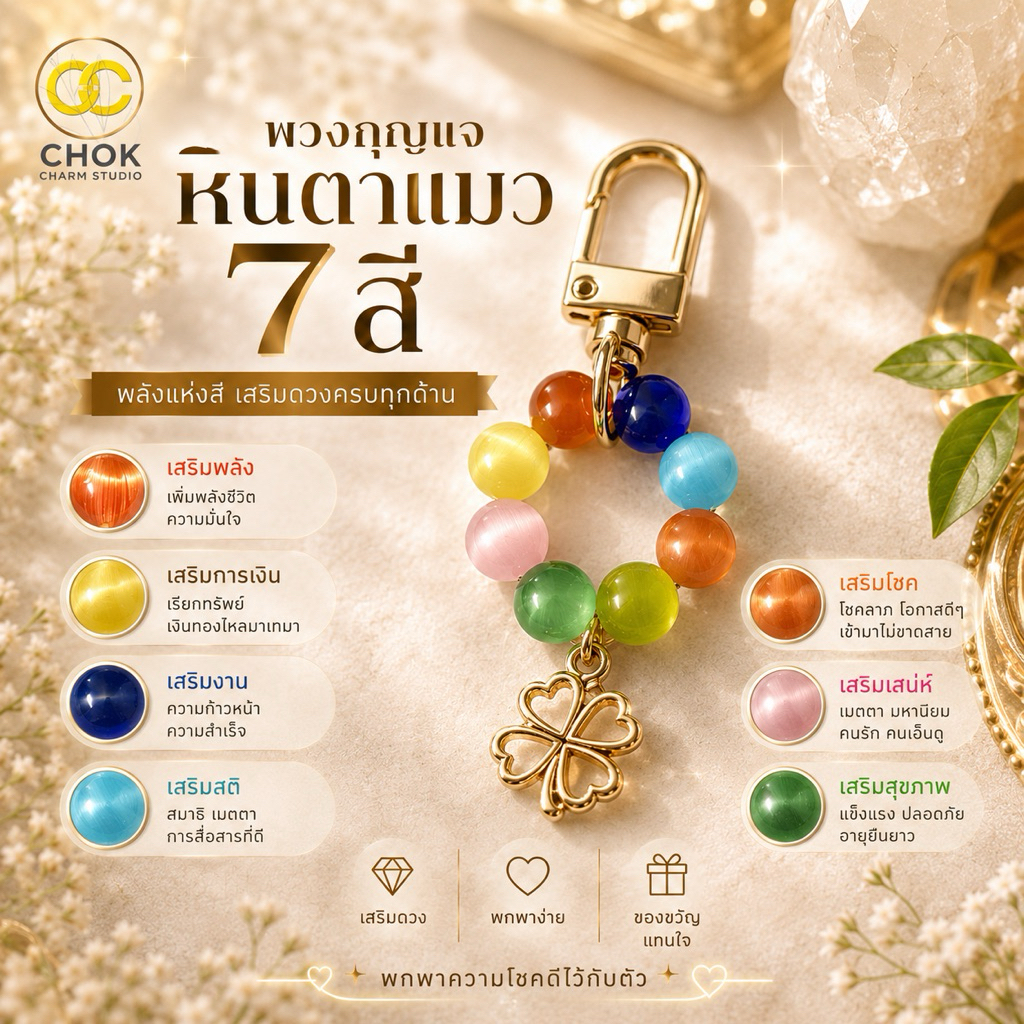 🌈 พวงกุญแจหินตาแมว 7 สี พกพาง่าย เสริมดวงรอบด้าน ✨ฟรี❗️ตะขอติดมือถือรูปหัวใจ💛📱