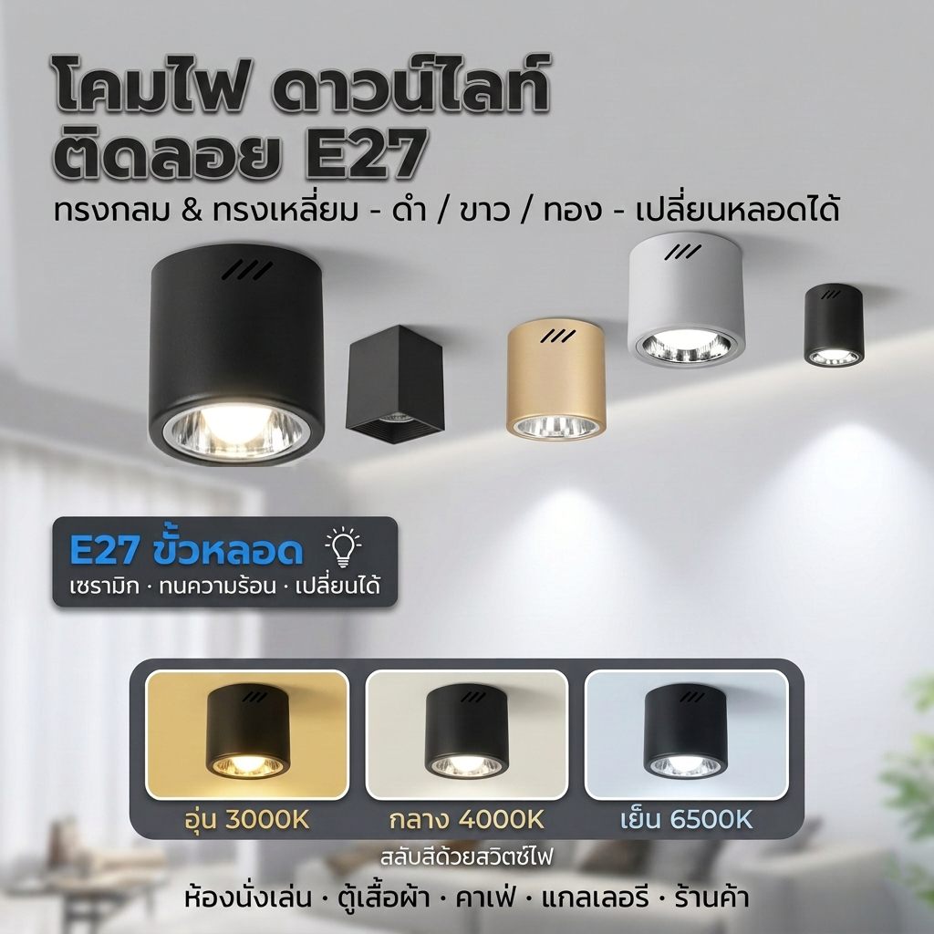 ไฟดาวน์ไลท์ โคมกระป๋อง LED ติดลอย E27 เปลี่ยนหลอดได้ 4/5/6 นิ้ว ดาวไลท์ โคมเพดาน