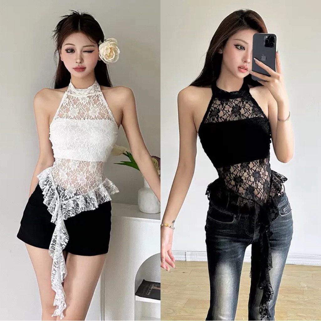 🚛ส่งจากไทย 🚛 ส่งไว‼️‼️ เสื้อคอเต่าผ้าลูกไม้ แขนกุด สไตล์เวียดนาม