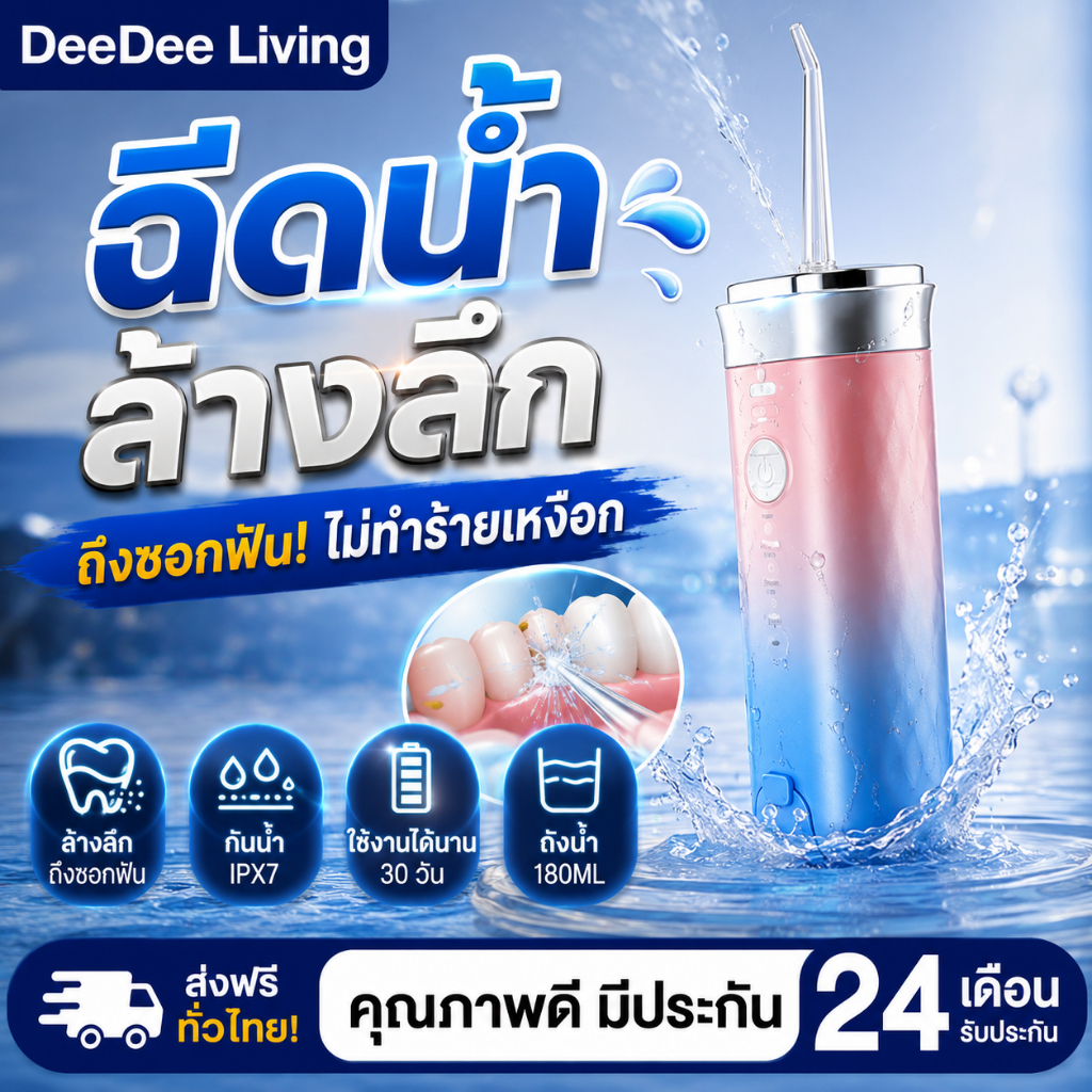DeeDee Water Flosser เครื่องทำความสะอาดฟัน เครื่องฉีดน้ำทำความสะอาดฟัน 180ml ไหมขัดฟันพลังน้ำ 3 โหมด IPX7 กันน้ำ
