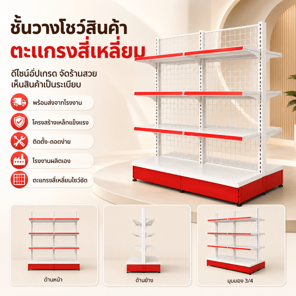 ชั้นวางสินค้ามินิมาร์ท ทำจากเหล็ก ใช้เปิดร้านซุปเปอร์มาเก็ต ร้าสะดวกซื้อได้ รับน้ำหนักชั้นละ50KG