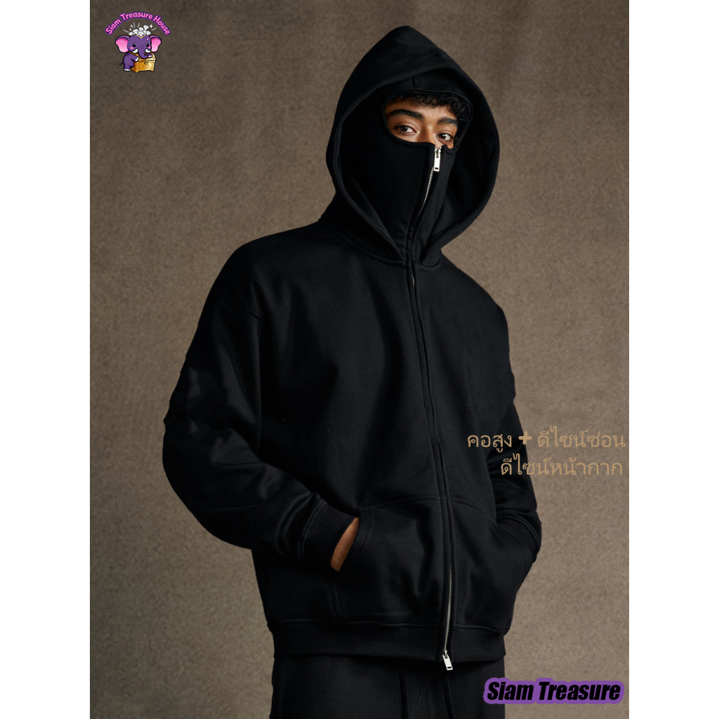 Hitam Do The Flow เสื้อฮู้ด, หมวกคลุมหน้า, มีซิป, สีดำ, ทรงหลวม