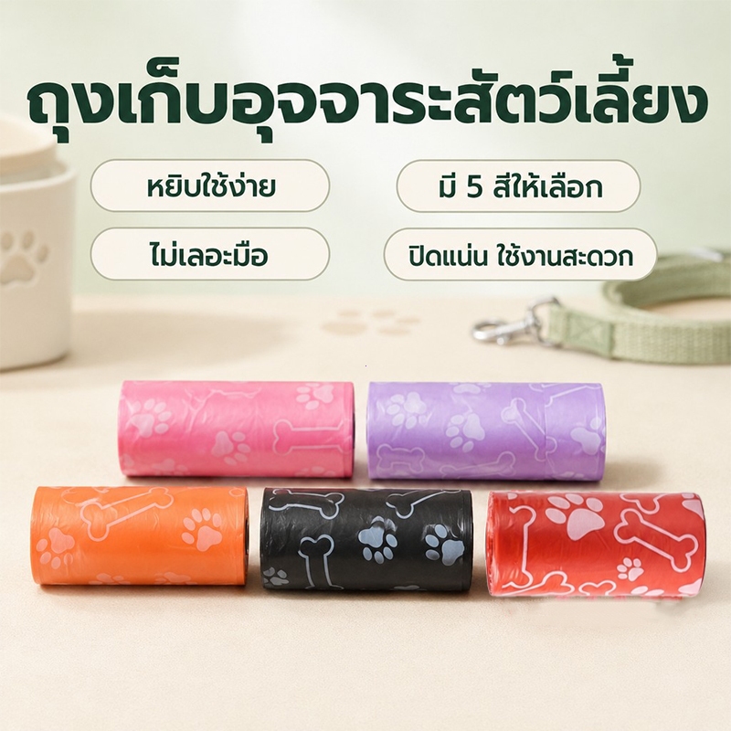 Plendy ถุงเก็บอึสัตว์เลี้ยงแบบพกพา ย่อยสลายได้ ถุงเก็บมูลสัตว์ ถุงเก็บอึแมว/สุนัข วัสดุPEปลอดภัย 5สี
