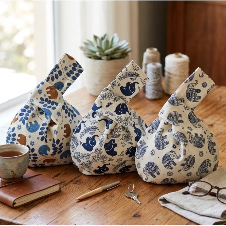 JAPANESE KNOT BAG ถุงผ้าคล้องข้อมือ สุดฮิต ลายช้าง 3 แบบ สุดคุ้ม !1 ใบใช้ได้ 2 ด้าน