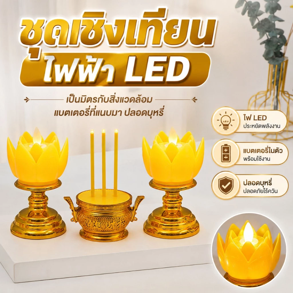 ชุดธูปเทียนไฟฟ้า LED กระถางธูปไฟฟ้า เชิงเทียนอิเล็กทรอนิกส์ เทียนปลอมใส่ถ่าน เทียนดอกบัวเหลือง บูชาพระ ครบเซ็ท