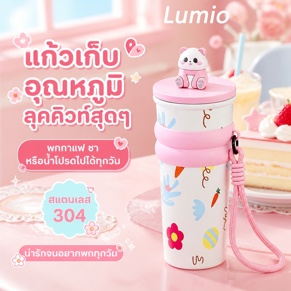 Lumio แก้วน้ำสแตนเลส 304 การ์ตูน Panda 700 มล. มีหลอดดูด พับเก็บได้ มีที่เก็บฝาหลอด