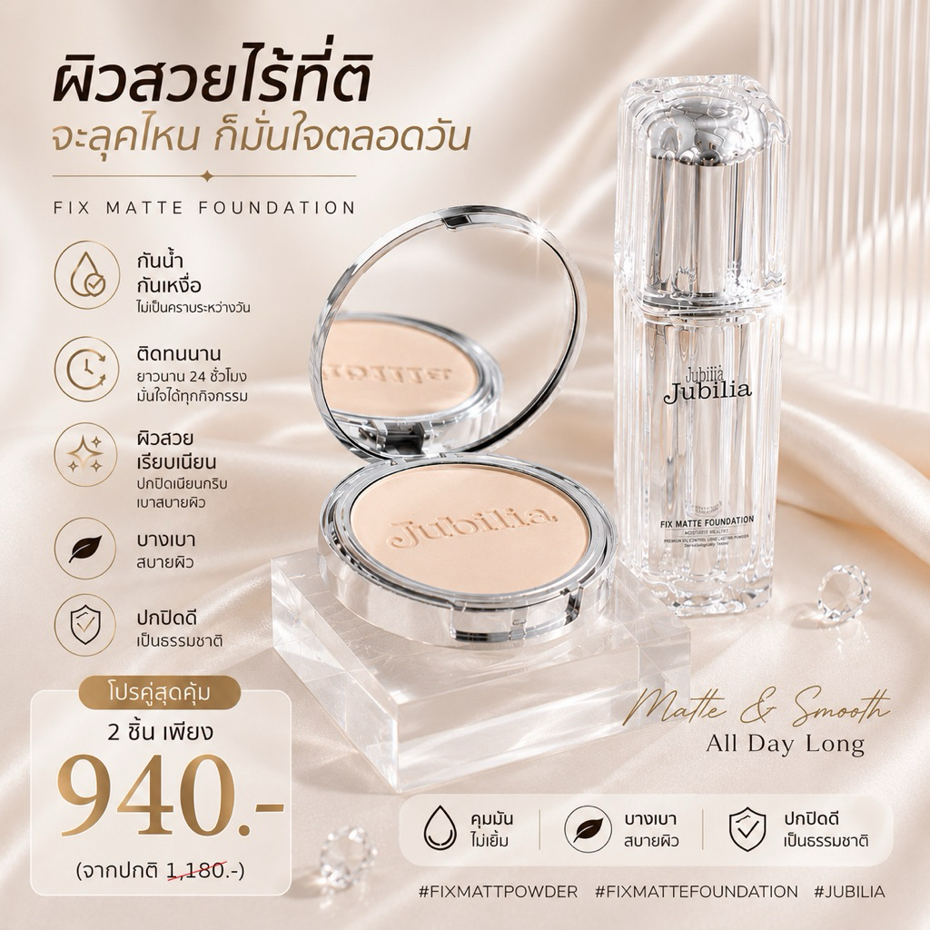 Jubilia เซ็ตรองพื้น+แป้งพัฟล่องหน ของแท้ 100%