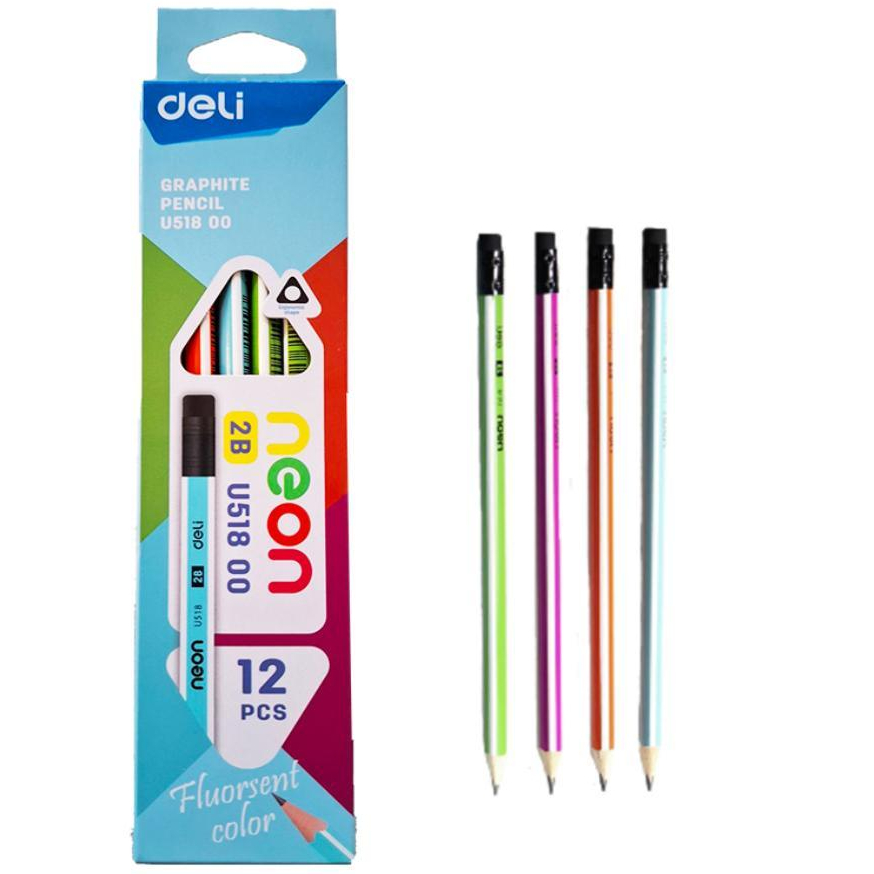 ดินสอ 2B ดินสอไม้ ดินสอฝึกเขียน (12 แท่ง/กล่อง) ยี่ห้อ Deli รุ่น U51800 neon