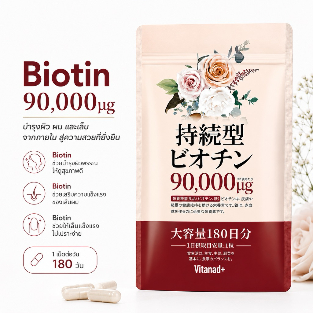 (สินค้าพร้อมส่ง) Biotin 500 mcg ต่อเม็ด มี 180 เม็ด สำหรับ 6 เดือน สุดคุ้ม! ยี่ห้อ Vitanad+ ของแท้ 100% จากญี่ปุ่น