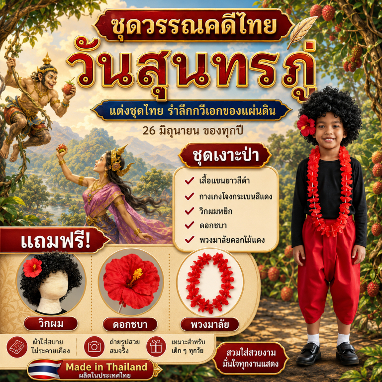 (KIDCITY) ชุดเงาะป่าเด็ก พร้อมวิกผม (Sakai tribal costume) ชุดงานวันสุนทรภู่ ชุดวันภาษาไทย
