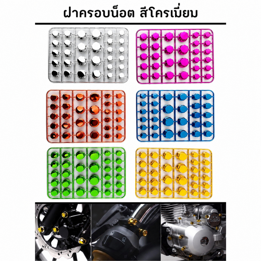 ฝาครอบน็อตโครเมียมแต่งมอเตอร์ไซค์ 1 ชุด 30 ชิ้น ใส่ได้หลายรุ่น ติดตั้งง่าย มีหลายสี