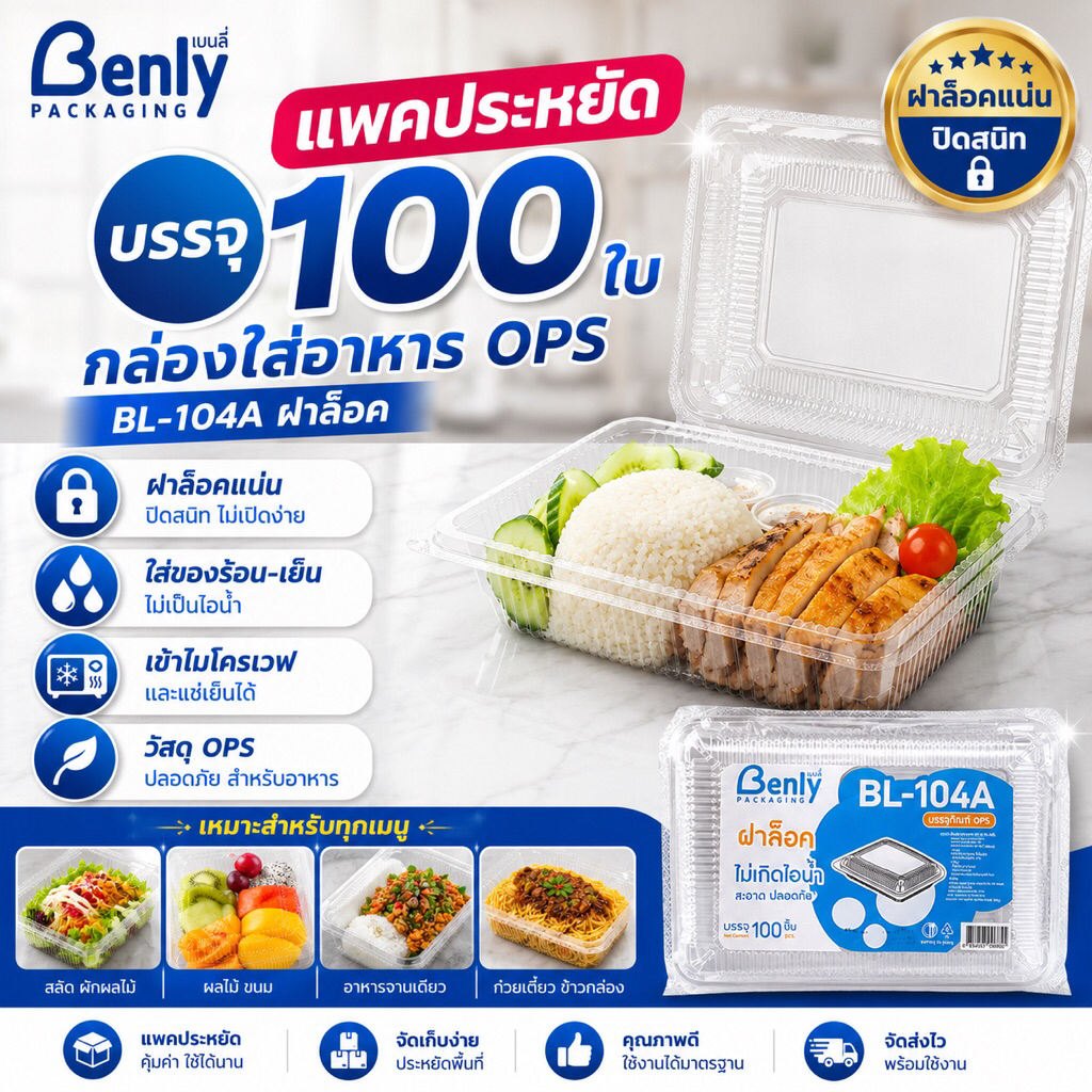 กล่องใส่อาหาร Benly 104A ฝาล็อคในตัว แพค 100 ชิ้น