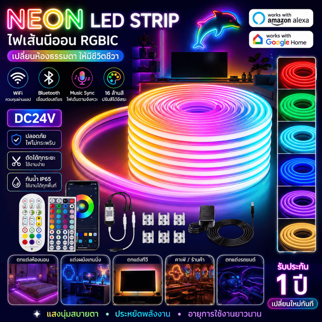 ไฟ LED Strip Neon RGB พร้อมแอปและรีโมท โหมดซิงค์เพลงกันน้ำ 30 เมตร สำหรับตกแต่งห้องนอน กลางแจ้ง