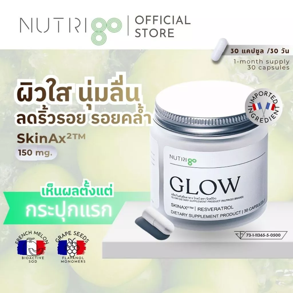 [โปร ส่งฟรี ส่งด่วน] NUTRIgo GLOW 30 แคปซูล วิตามินผิว หน้าใส ชุ่มชื้น ลดสิว ลดริ้วรอย ลดจุดด่างดำ SkinAx Resveratrol
