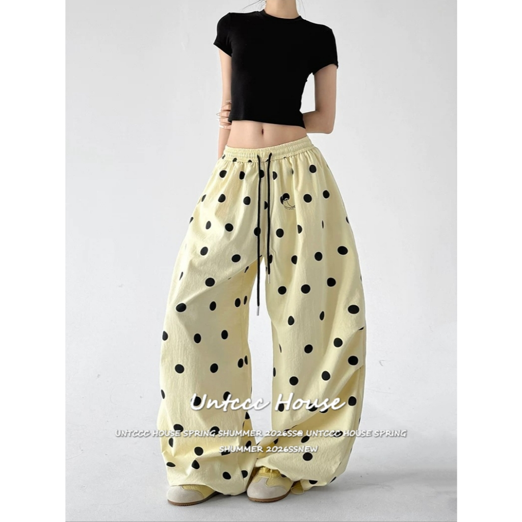 [Polka Dot Print Wide Leg Casual Pants] กางเกงขายาวขากว้างลายจุดสำหรับผู้หญิงสไตล์ลำลองหวานใส่สบายตลอดวัน