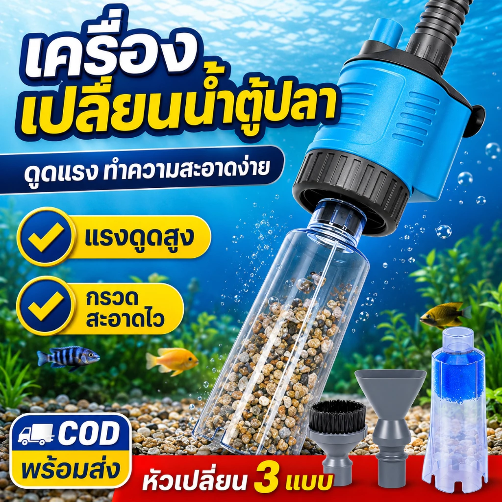 เครื่องเปลี่ยนน้ำตู้ปลาไฟฟ้า เครื่องดูดทราย ดูดขี้ปลา ดูดของเสีย ทำความสะอาดตู้ปลา กำลังแรง ใช้งานง่าย