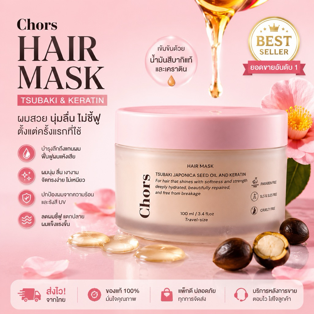 (มีของแถม)เคราตินแก้ผมเสีย เพื่อคนผมตรงโดยเฉพาะ" "Chors ทรีทเม้นท์กู้ผมบาง"สูตรน้ำมันดอกสึบากิเข้มข้น5เท่า