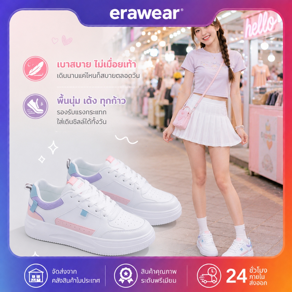 Erawear รองเท้าผ้าใบผู้หญิง สีพาสเทล นุ่มสบาย ไม่เมื่อยเท้า เหมาะกับไปโรงเรียน เดินตลาด ใส่เที่ยวชิวๆ ใส่สบายทั้งวัน