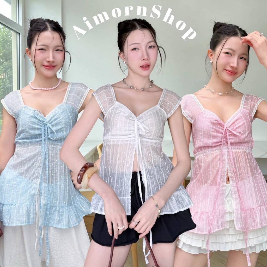 🔥aimorn_shop🔥 เสื้อแขนกุด ชายระบาย ด้านหน้าผูกโบว์ปรับทรงสวยๆ งานสวยมาก ผ้าพริ้วใส่สบาย