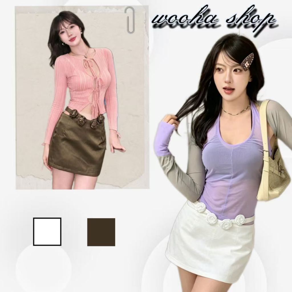 🥰wooha shop🥝กระโปรงผ้าซาตินทรงตรงเอวเว้า ลายดอกทิวลิปสีขาว สวมใส่ได้หลากหลายโอกาส กระโปรงสั้นปกปิดส่วนต่างๆ