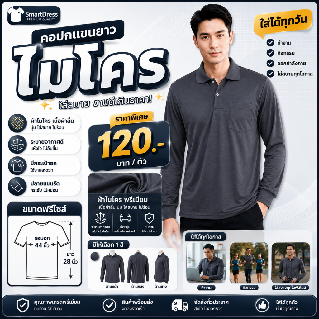เสื้อดำคอปกแขนสั้นชาย​ คอปกแขนยาว เนื้อผ้าดี ผ้าไมโคร มีกระเป๋า ปลายแขนจั้ม ขนาดฟรีไซส์ 44 นิ้ว