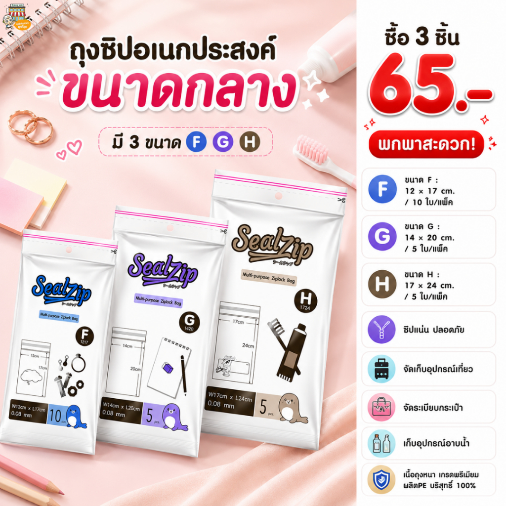ถุงซิปอเนกประสงค์ (ราคาส่ง) เนื้อหนา ซิปแน่น ใส่แมส–อุปกรณ์เที่ยว–จัดกระเป๋า มีขนาด F/G/H จัดเก็บดี