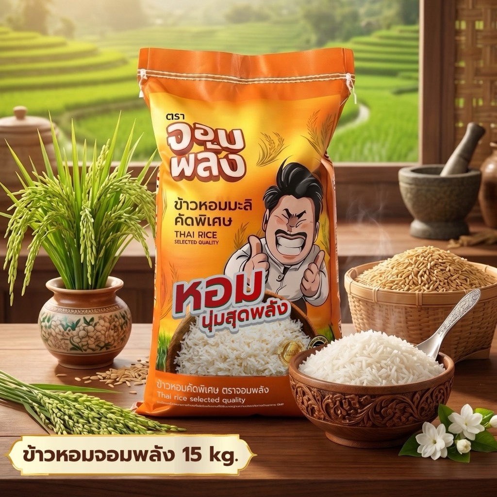 15 กิโล ข้าวจอมพลัง หอมมะลิคัดพิเศษ ตระกร้า กันจอมพลัง ของเเท้