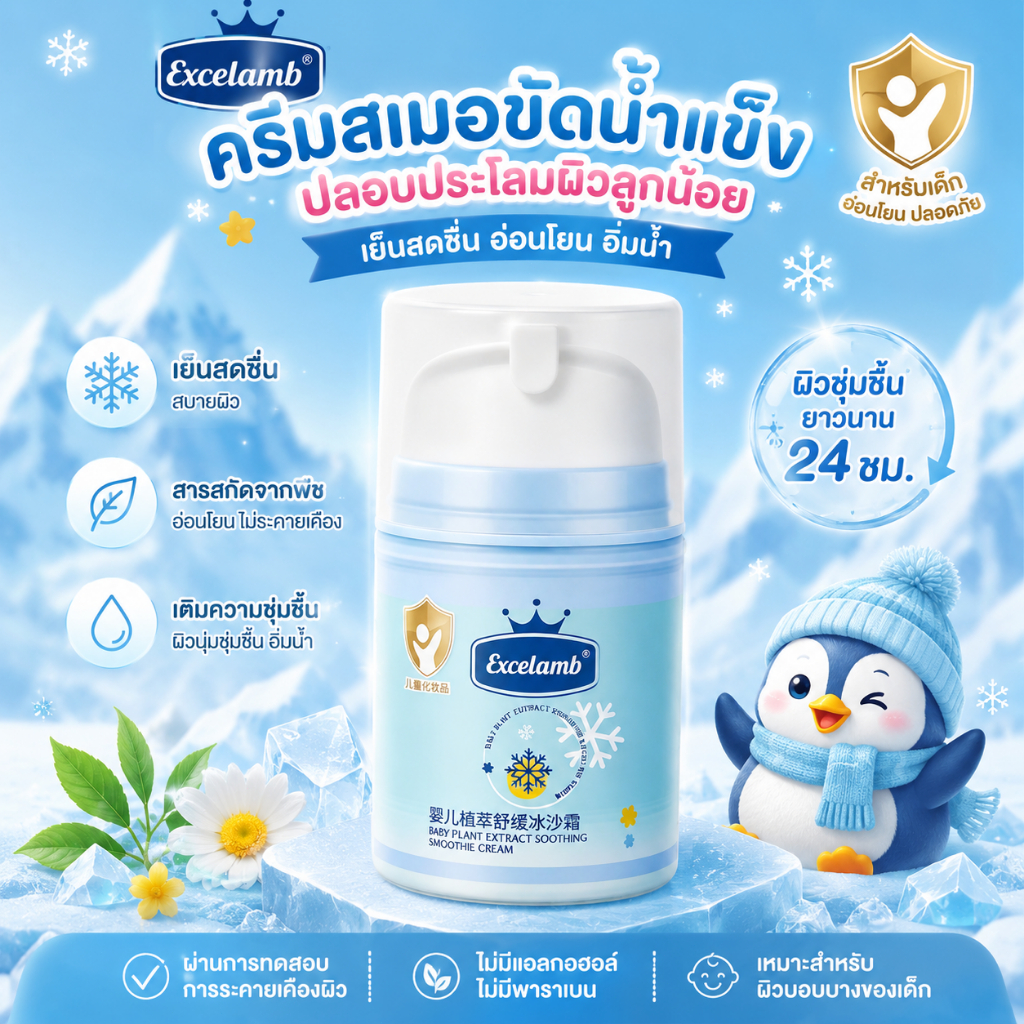Excelamb ครีมทาหน้าเด็กเย็น เนื้อซอร์เบต์ 30 วิ บรรเทาผิวไหม้แดด ชุ่มชื้นรายวัน & บรรเทาหลังแดด แดง-ร้อน เด็ก 3 ปี+