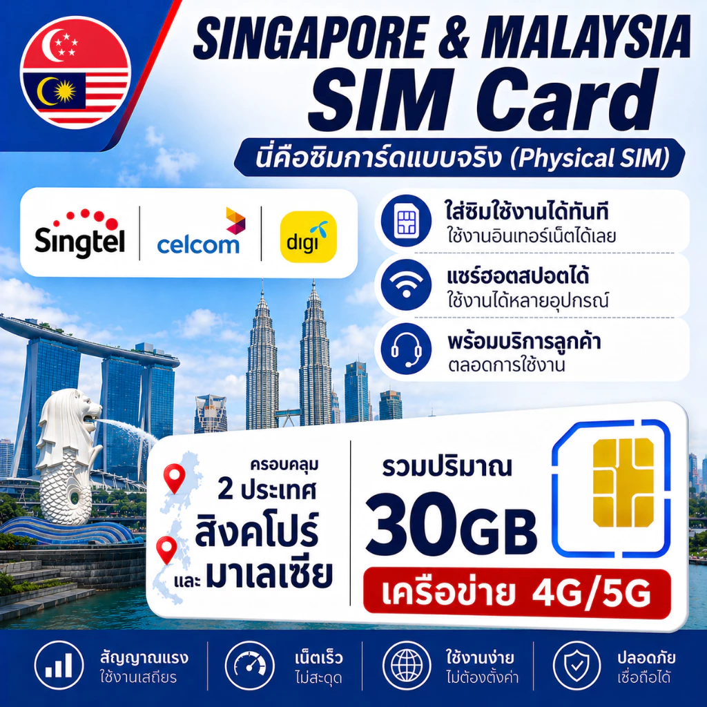 SG-MY ซิมท่องเที่ยวสิงคโปร์-มาเลเซีย 4G/5G|ใช้งานได้ 2 ประเทศ|เน็ตแรง|เปิดใช้ทันที|เลือกแพ็กเกจ 30GB ได้