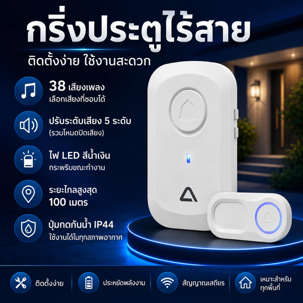 กริ่งบ้านไร้สาย กริ่งประตูไร้สายกันน้ำ แบตเตอรี่ IP44 ระยะไกล 100M รีโมท 38 เสียง กริ่งไร้สาย