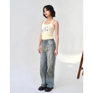 JARINYA (S-2XL) กางเกงยีนส์ขายาวเอวสูง สีฟอกแต่งดีเทลเลอะ (JY1632)