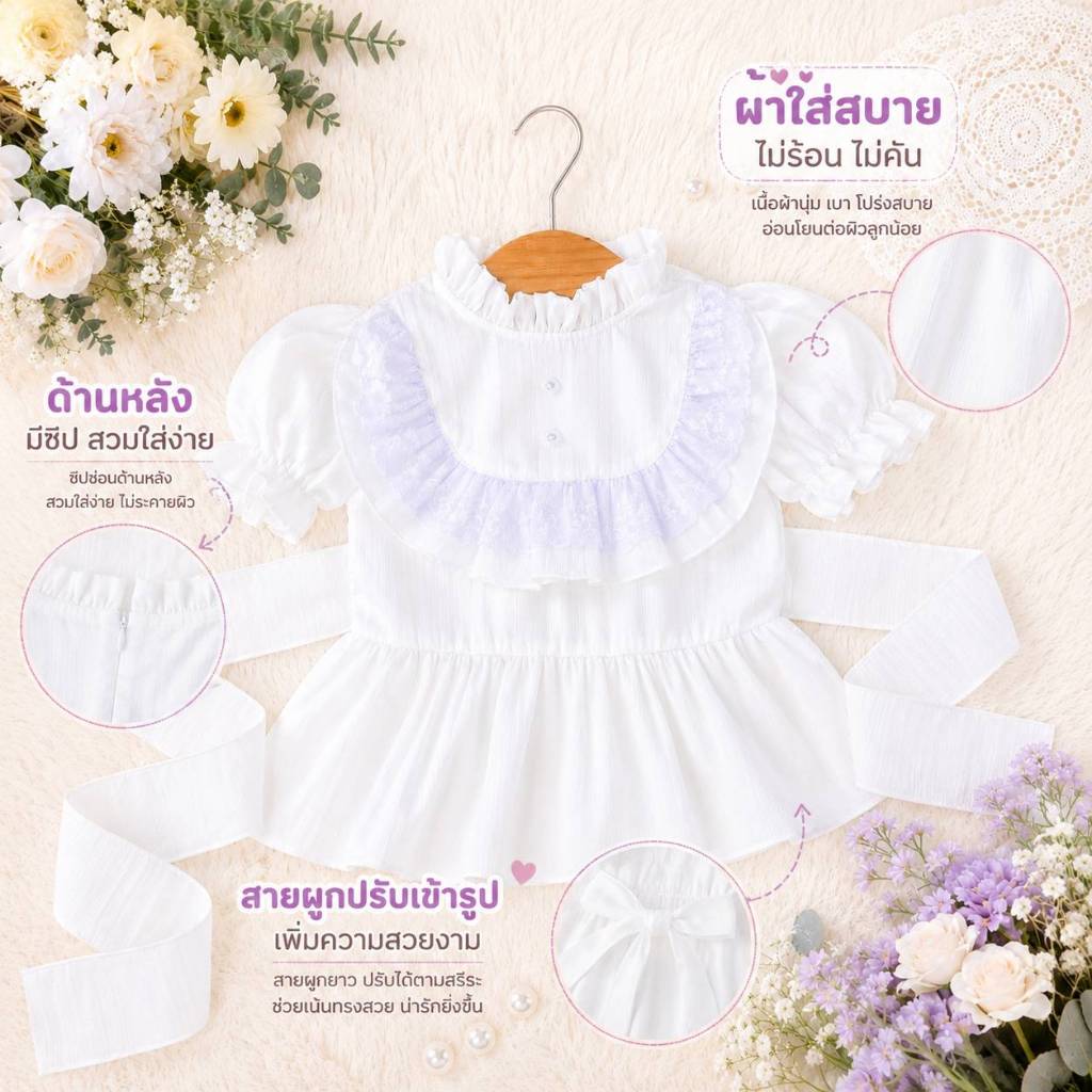 เสื้อลูกไม้ เสื้อชุดไทย เสื้อเดี่ยวแต่งระบายลูกไม้ ซิปหลัง พร้อมสายผูก สำหรับเด็ก