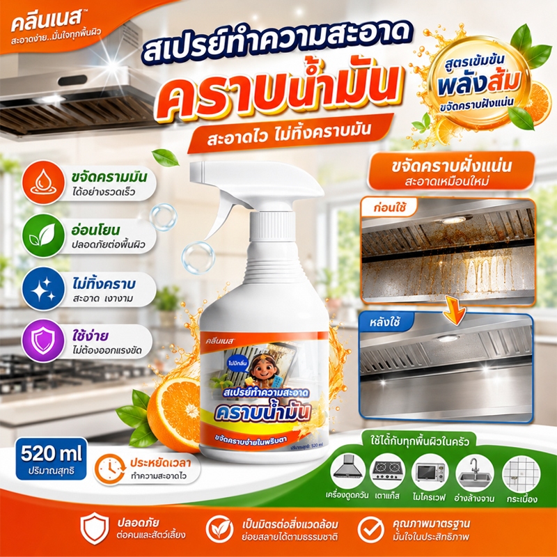 สเปรย์ขจัดคราบมัน น้ำยาทำความสะอาดครัว ขจัดคราบน้ำมันหนัก คราบฝังแน่น ฉีดเช็ดออก ใช้กับเตาแก๊ส เครื่องดูดควัน หม้อ กระทะ