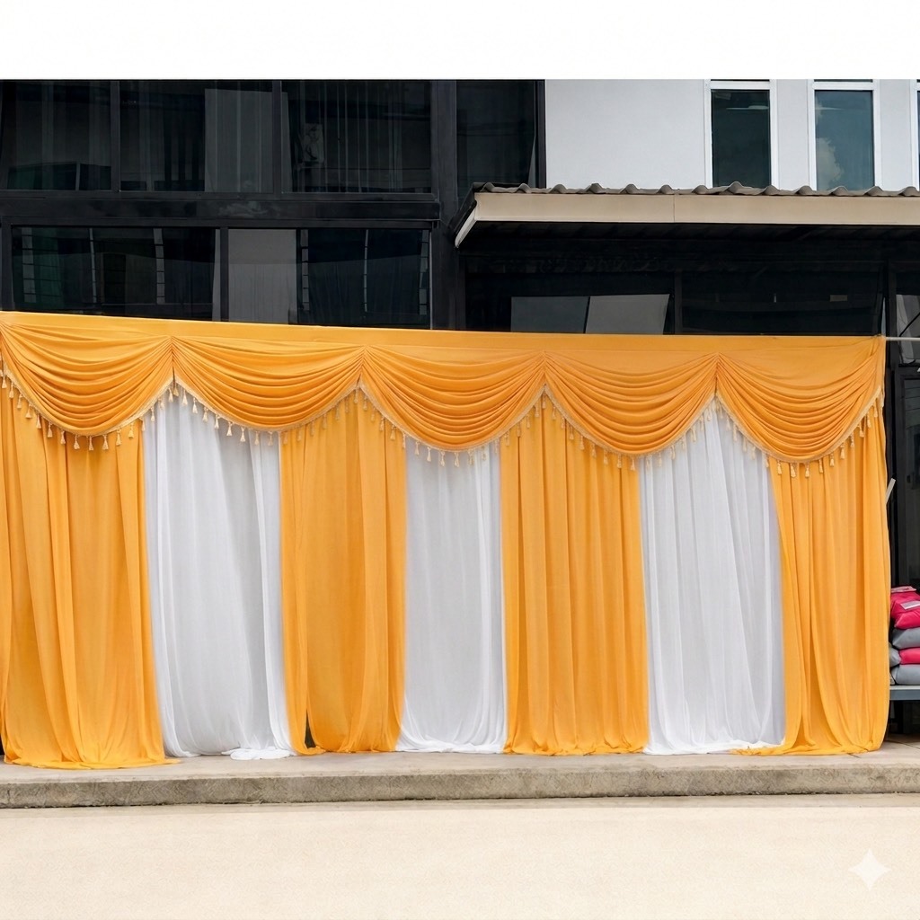 ผ้าม่านงานบวช งานขาวดำ L02 ขนาด 5 เมตรพร้อมพู่ระบายหลุยส์ลูกปัดสีทอง