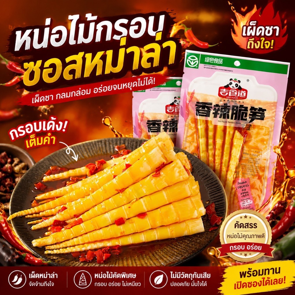 หน่อไม้ปรุงรสหม่าล่า กรอบเพลิน เคี้ยวมันส์ ฟินทุกคำ ขนาดพกง่าย 60 กรัม
