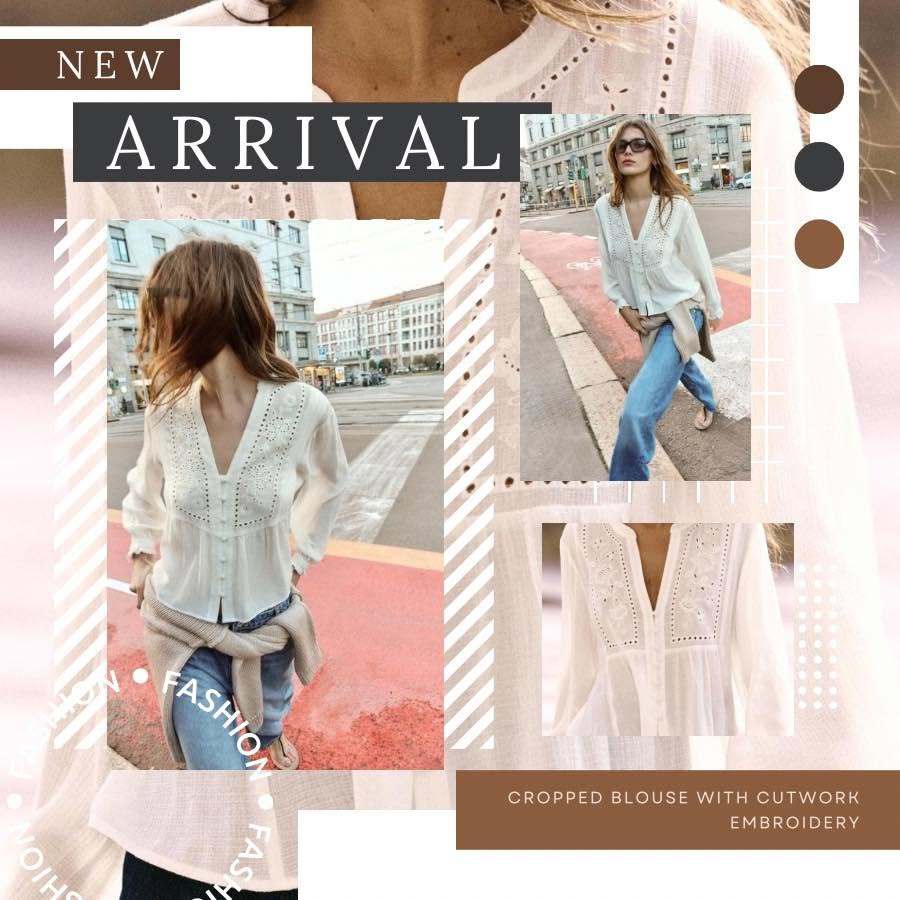 ZA-RA CROPPED BLOUSE WITH CUTWORK EMBROIDERY  เสื้อเบลาส์คอวีผ่าหน้าติดกระดุมดีเทลปักฉลุลายดอกไม้ ZARA สีขาว