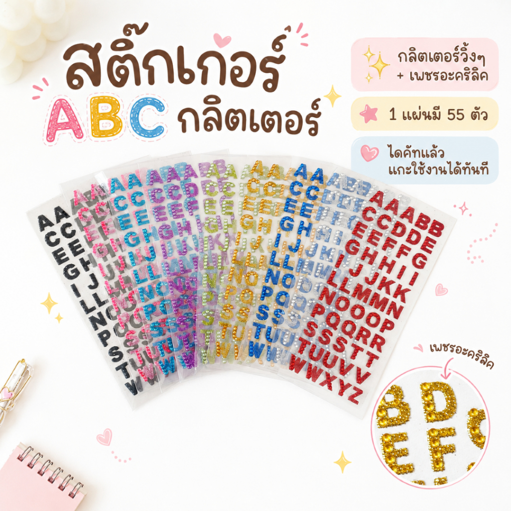 สติ๊กเกอร์ตัวอักษร ABC กลิตเตอร์ ประดับเพชรวิ้งๆ สติ๊กเกอร์ชื่อ ไดคัทพร้อมใช้ (1 แผ่น 55 ตัว) ตกแต่งเคส ตกแต่งสมุด