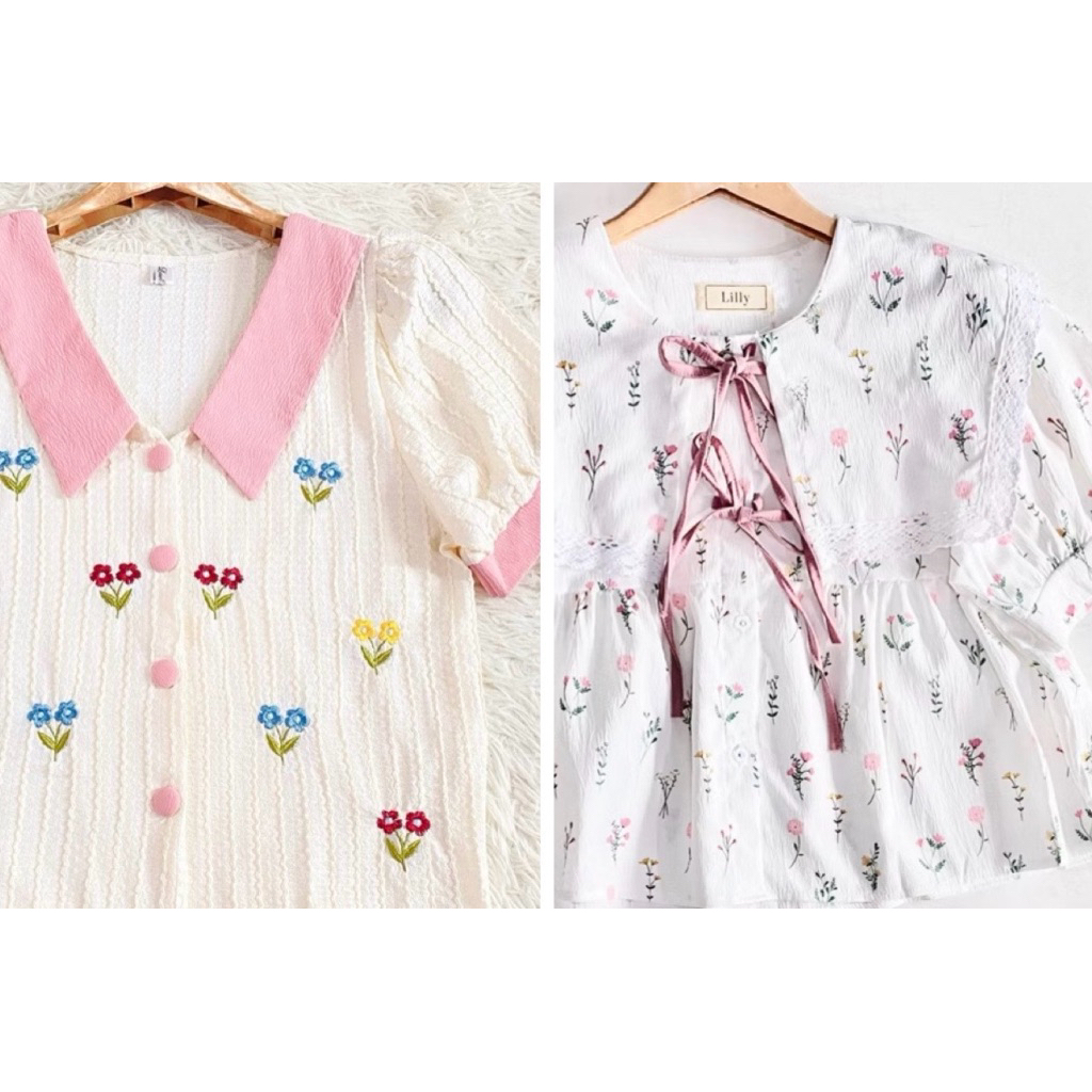 มือ1 ป้ายเกาหลี เสื้อเชิ้ตแขนสั้น ผ้าคอตตอนทวิลเกาหลี งานปัก ไฮเอน